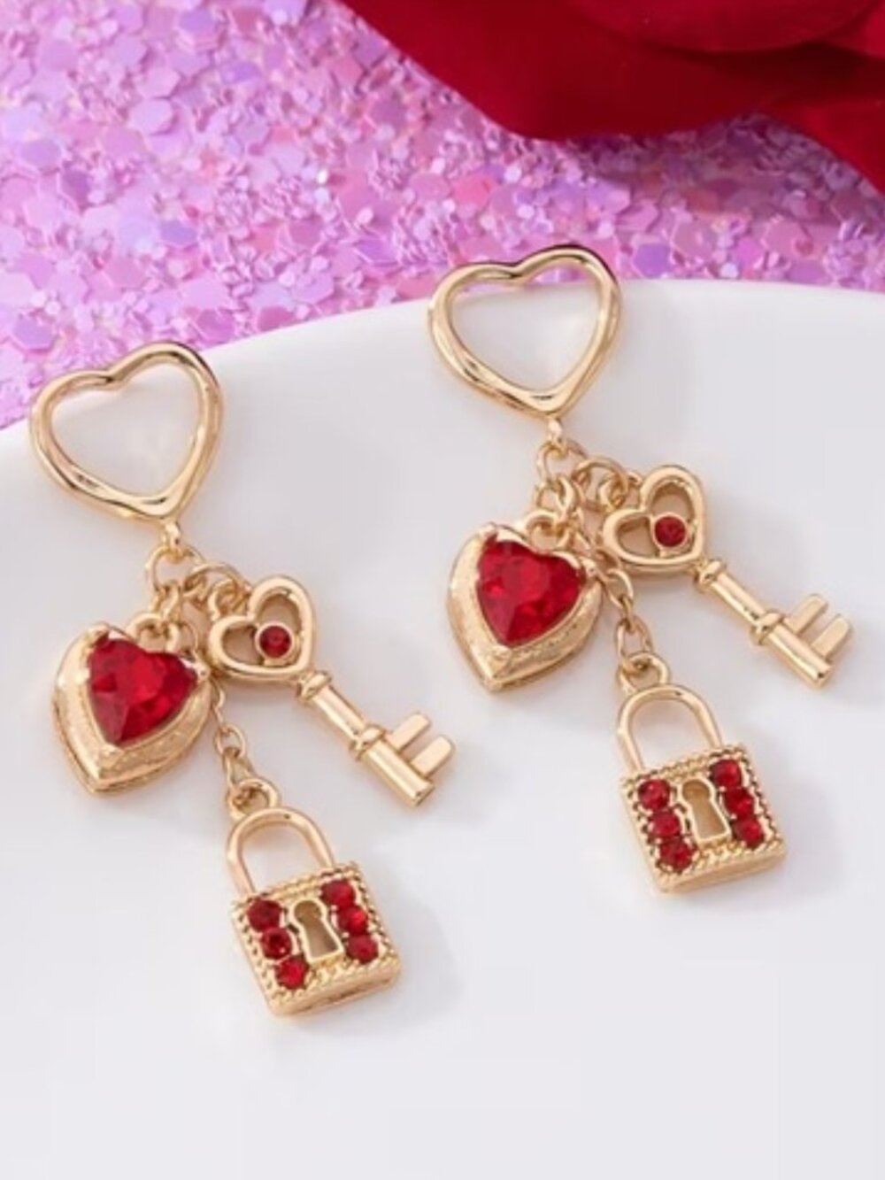 DESIGNER Romantic Gold Ruby Red Crystal Heart Key Lock Drop Earrings**NEW!